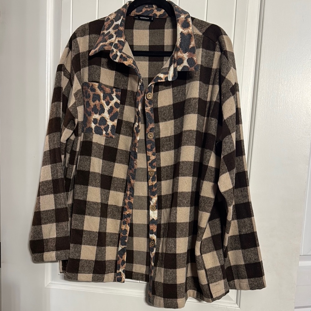 Plaid Button-Up Shirt with Leopard Accents